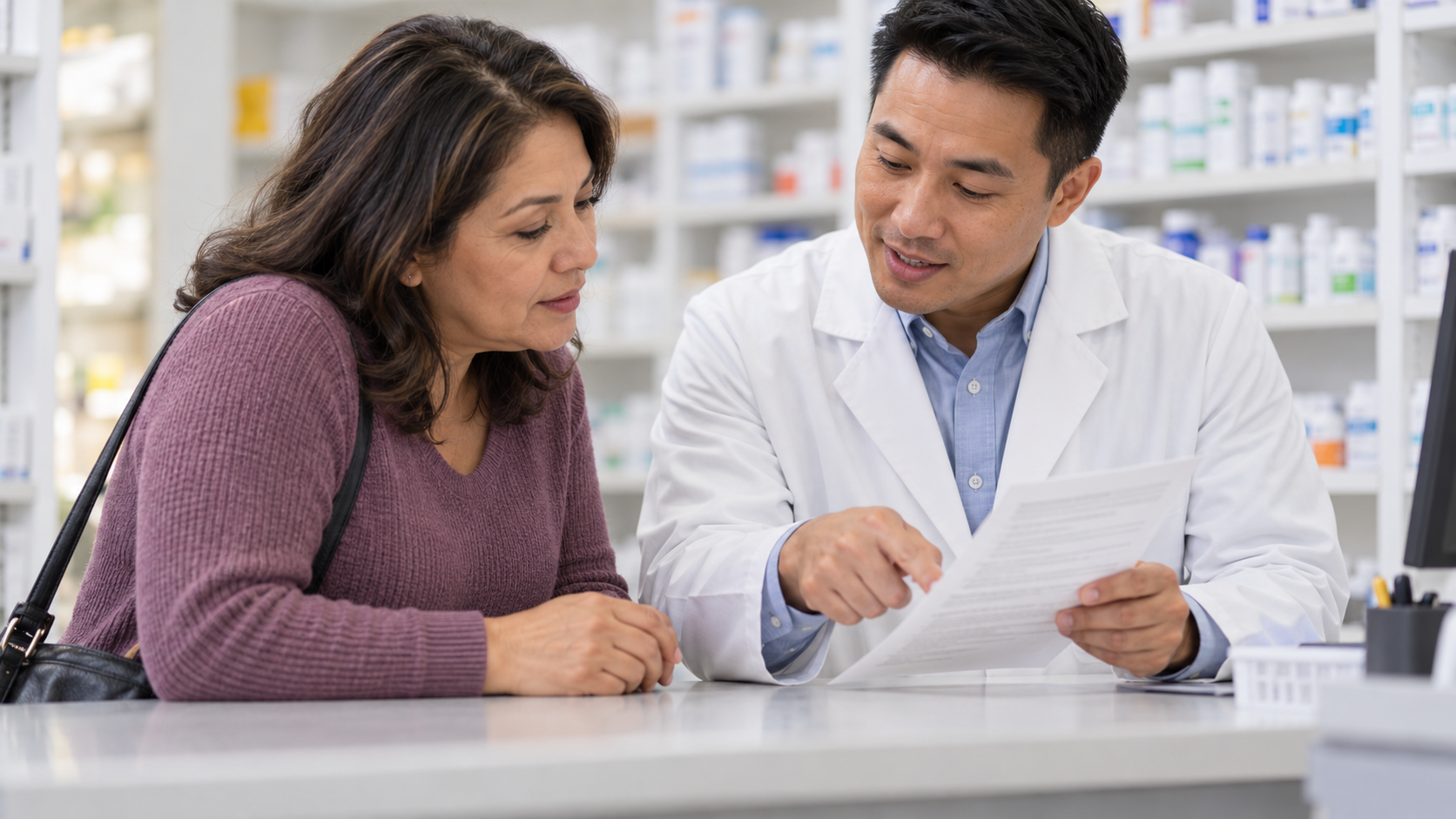 A pharmacist explaining a printed instruction sheet to a woman at a pharmacy counter