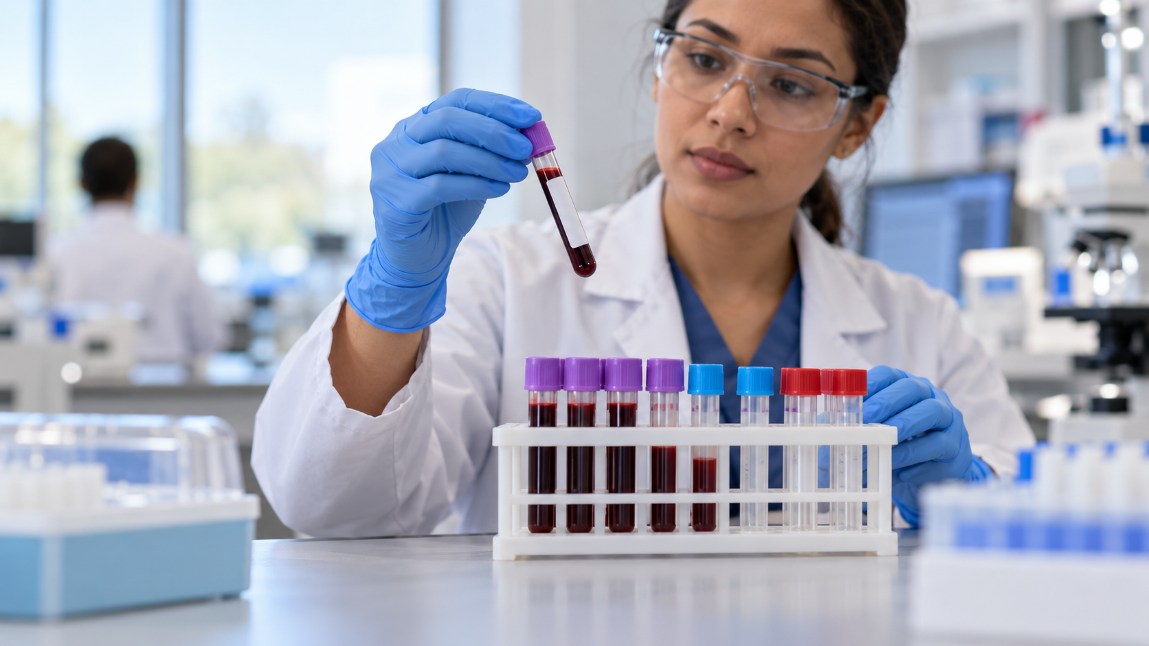 A gloved laboratory technician holding a capped blood sample beside a sample rack