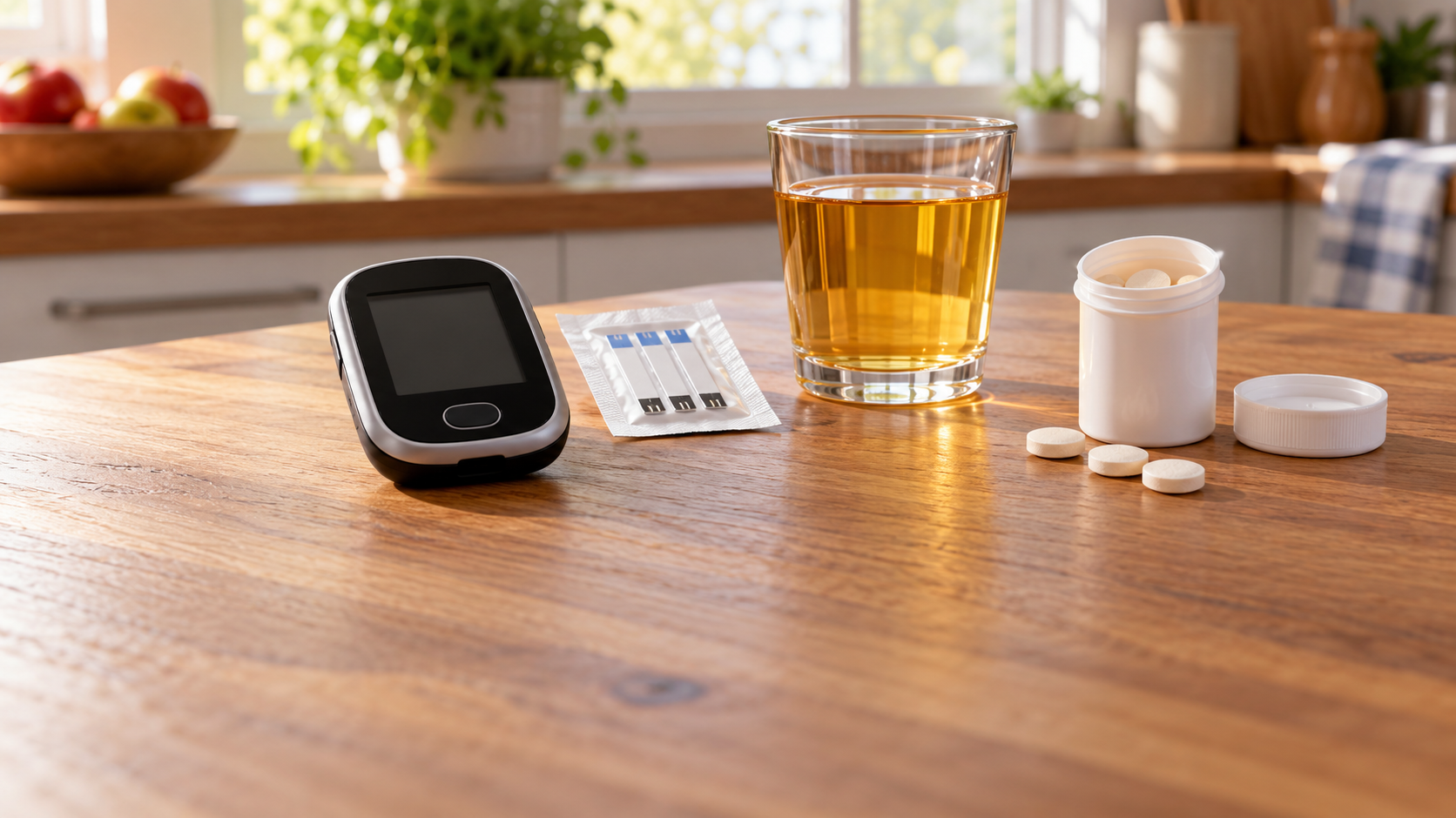 A glucose meter, small glass of juice and glucose tablets arranged on a kitchen table
