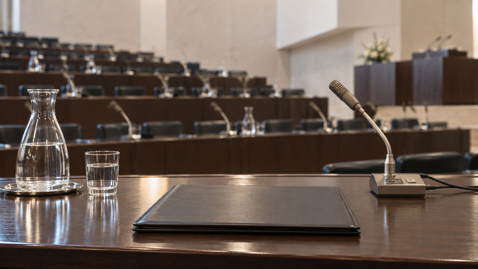 AI reconstruction of a 1975 conference desk and microphone in a Finlandia Hall inspired setting