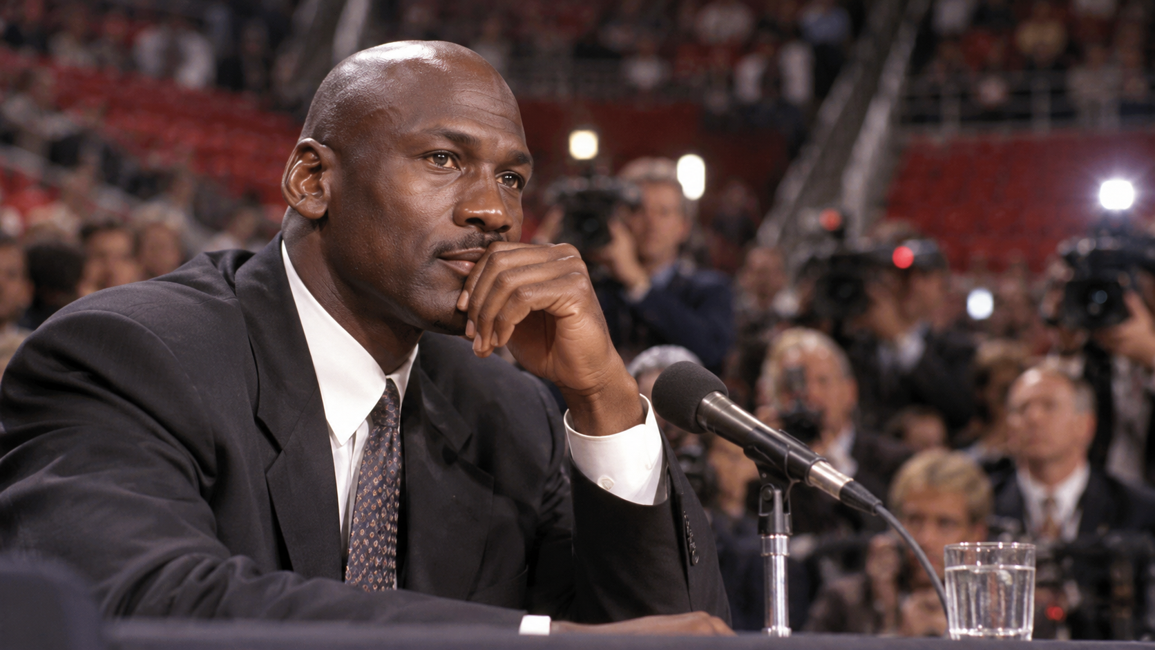 AI reconstruction of Michael Jordan at his January 1999 retirement press conference