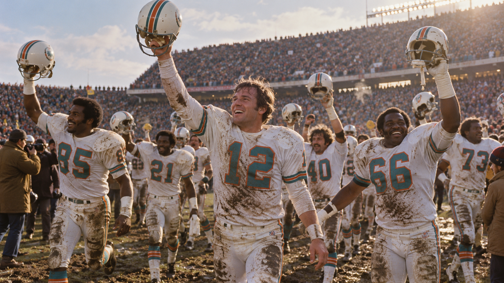 AI reconstruction of Miami players celebrating the perfect 1972 season