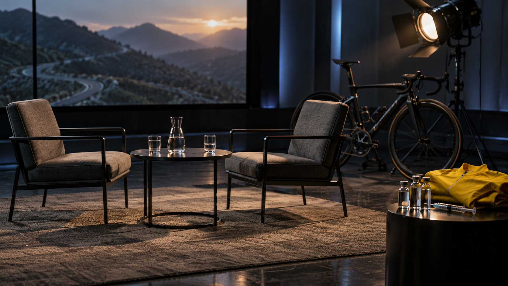 AI symbolic reconstruction of the studio after Lance Armstrong’s doping admission