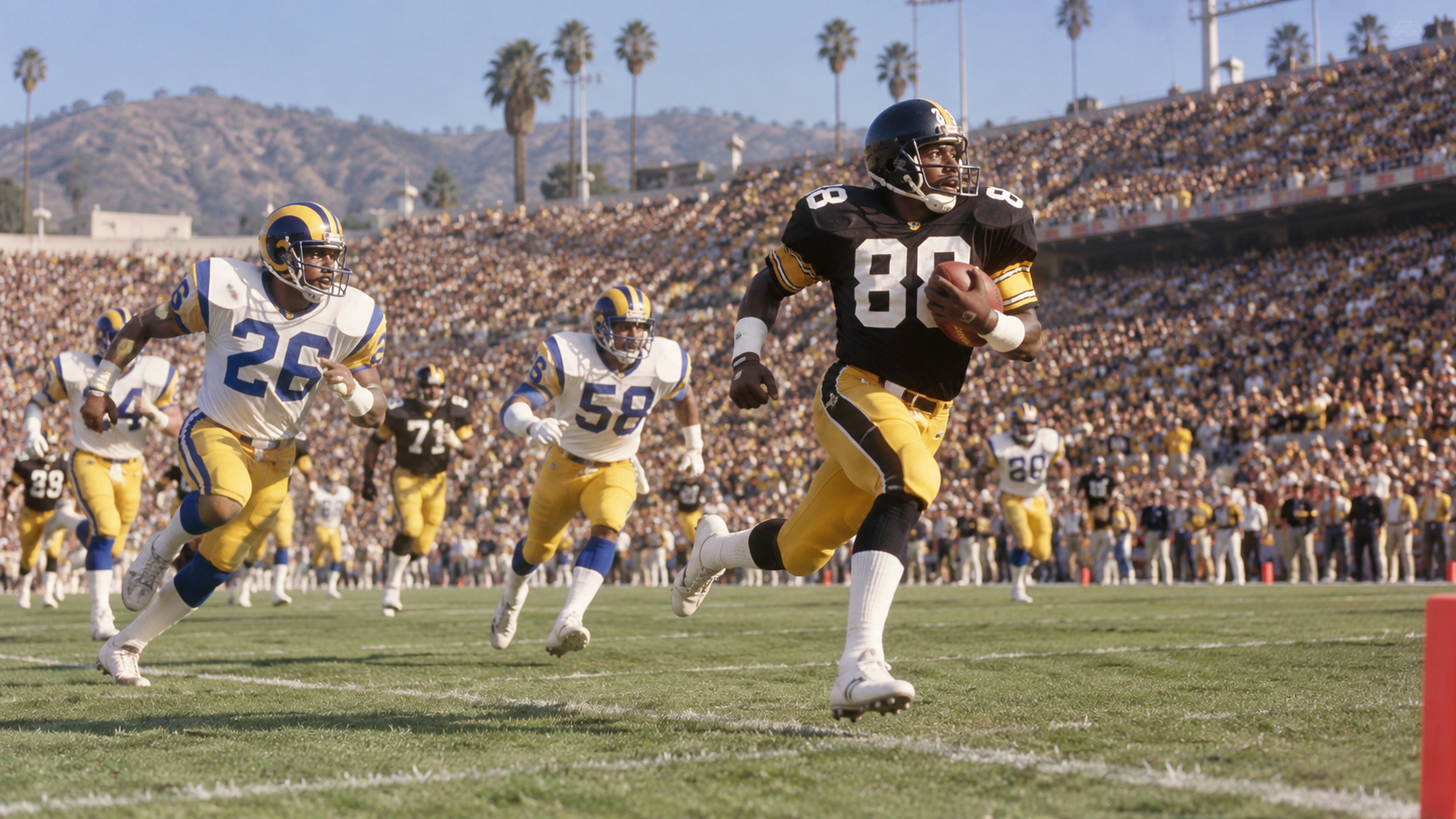 AI reconstruction of Pittsburgh’s long touchdown in Super Bowl XIV