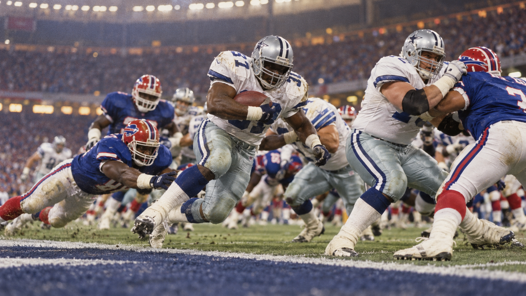 AI reconstruction of Dallas running through Buffalo in Super Bowl XXVIII