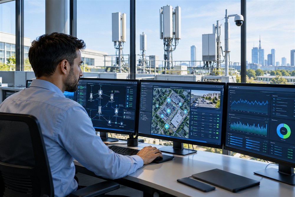 Realistic editorial scene illustrating 5G Access Control for a technology explainer