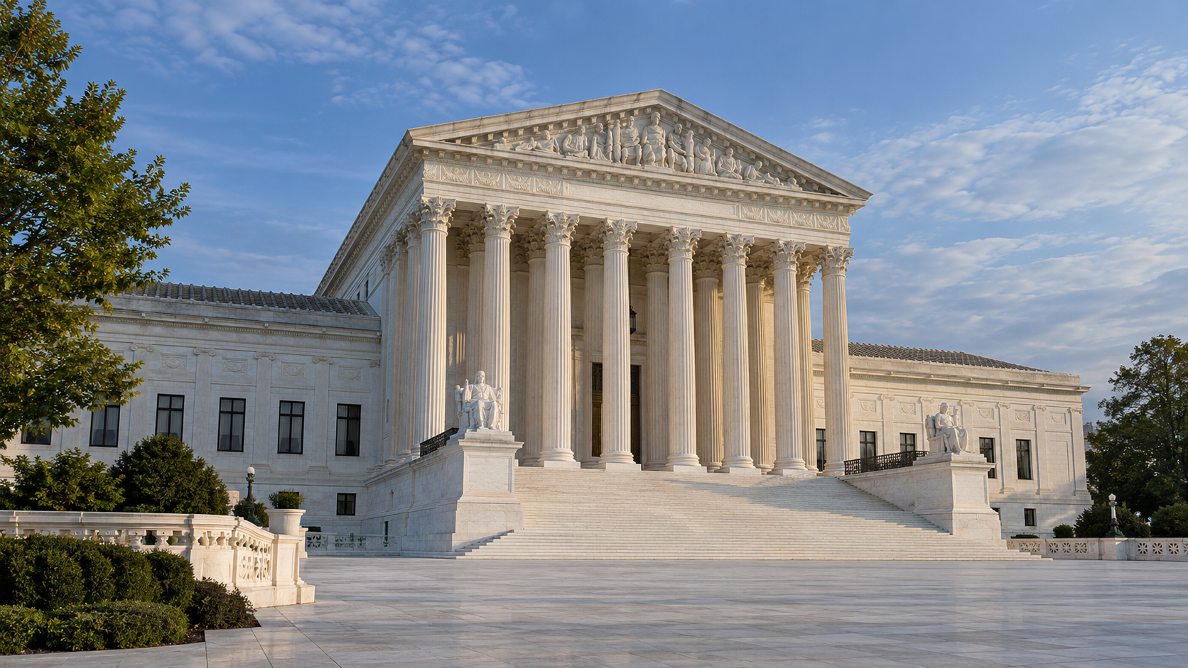 The United States Supreme Court building with marble columns and broad entrance steps.