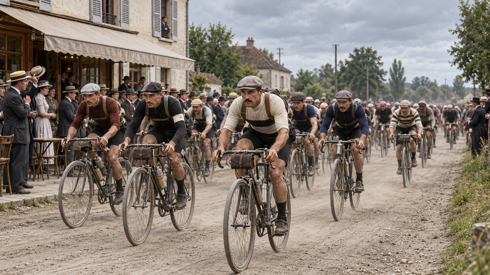 Photorealistic historical reconstruction of cyclists starting the first Tour de France from Montgeron in 1903.