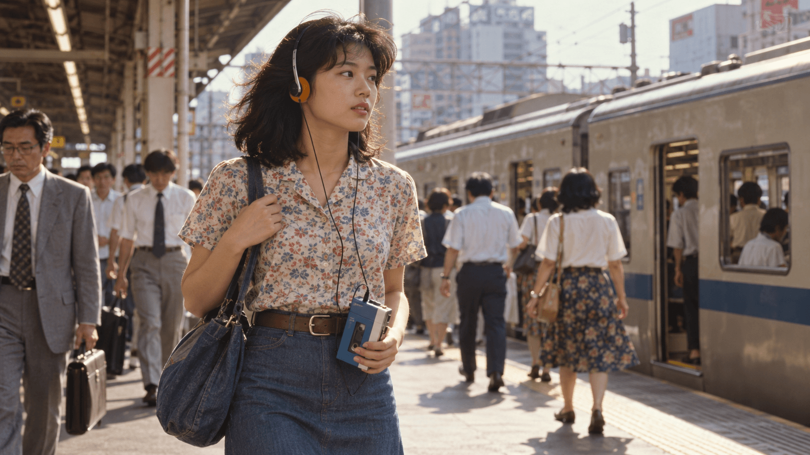 AI reconstruction of a Tokyo commuter using a blue portable cassette player in 1979