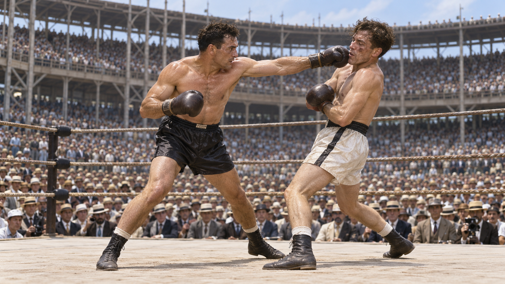 Photorealistic historical reconstruction of Jack Dempsey boxing Georges Carpentier in Jersey City in 1921.