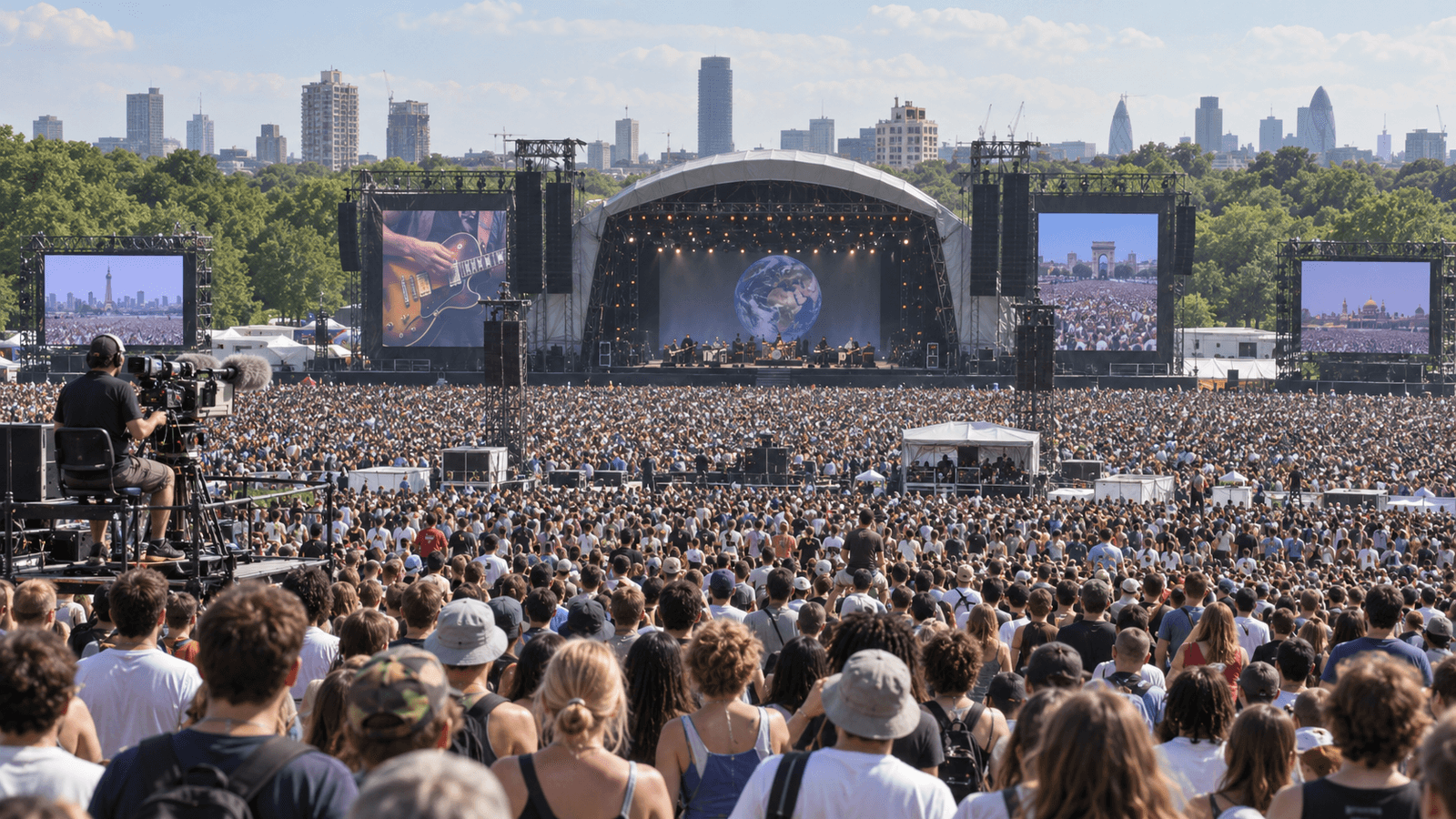 AI reconstruction of a vast 2005 benefit-concert crowd linked to stages around the world
