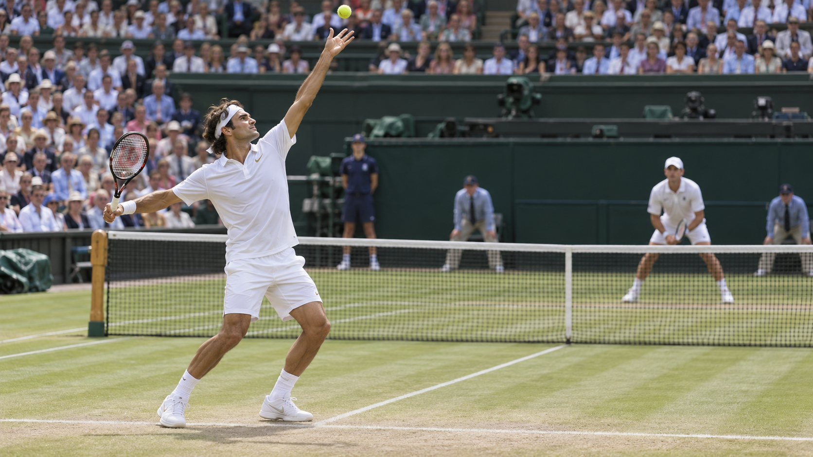 Photorealistic historical reconstruction of Roger Federer playing Andy Roddick in the 2005 Wimbledon final.
