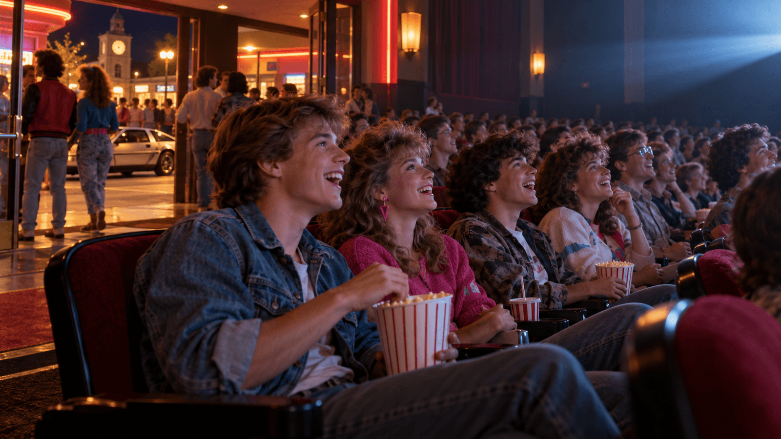 AI reconstruction of an excited 1985 cinema audience watching a time-travel adventure