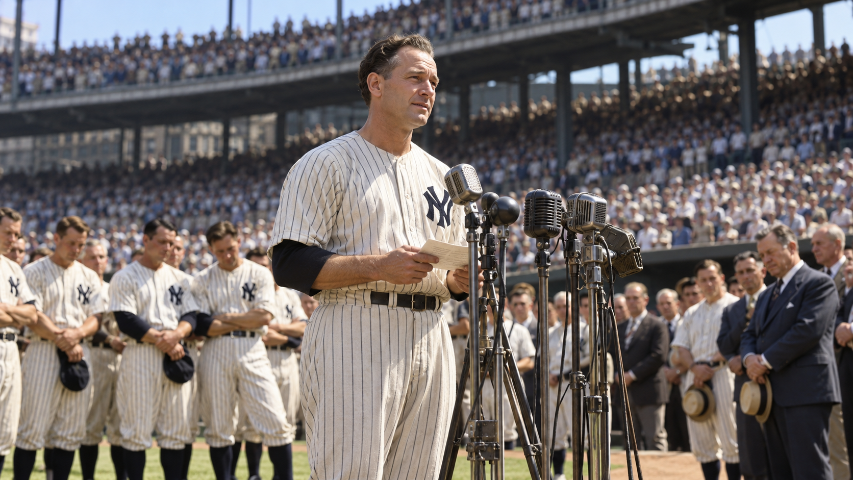Photorealistic historical reconstruction of Lou Gehrig speaking at Yankee Stadium on July 4, 1939.