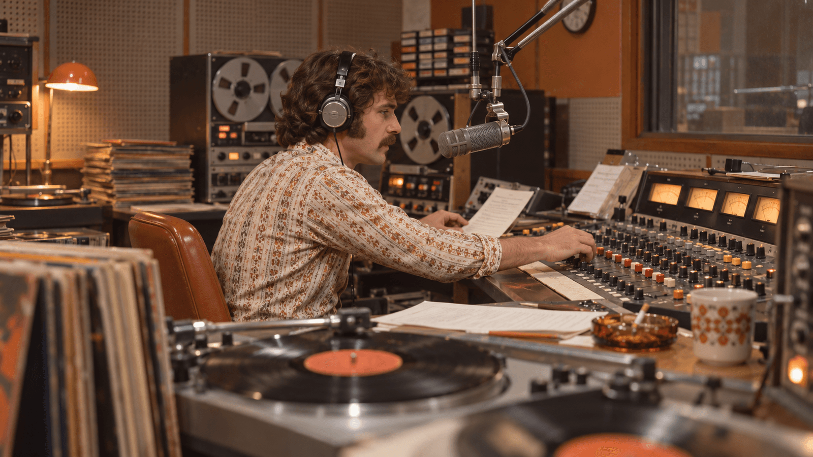 AI reconstruction of a 1970 radio host recording a national pop countdown in an analog studio