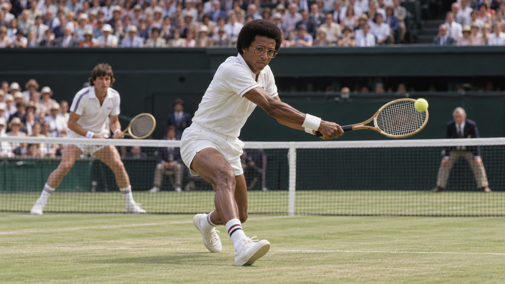 Photorealistic historical reconstruction of Arthur Ashe playing Jimmy Connors in the 1975 Wimbledon final.