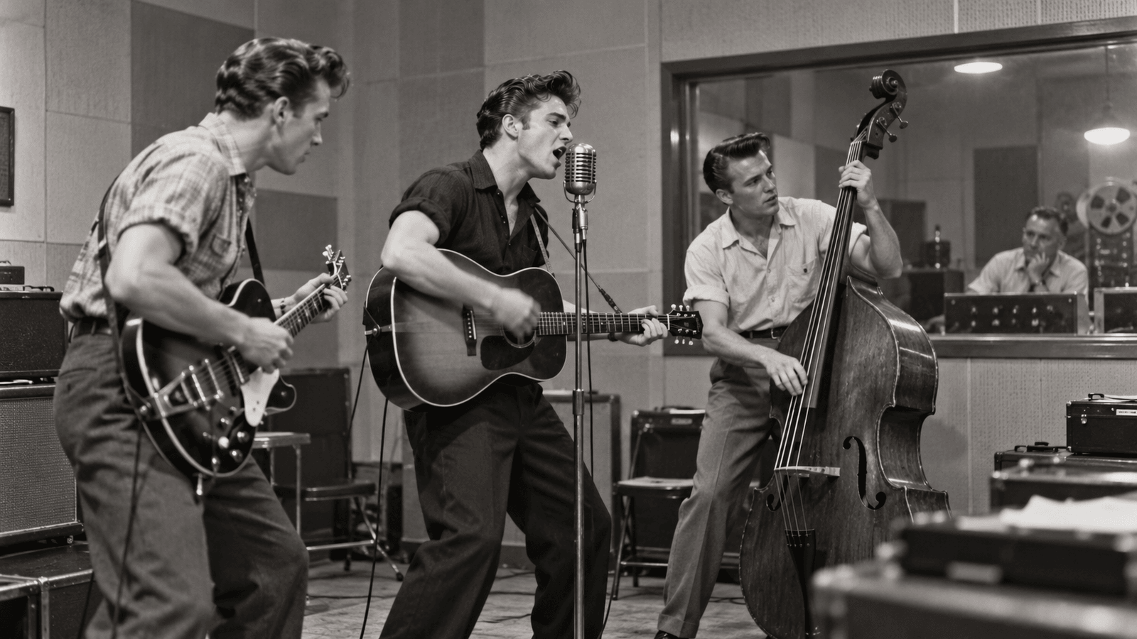 AI reconstruction of a young trio discovering an energetic sound in a 1954 Memphis recording studio