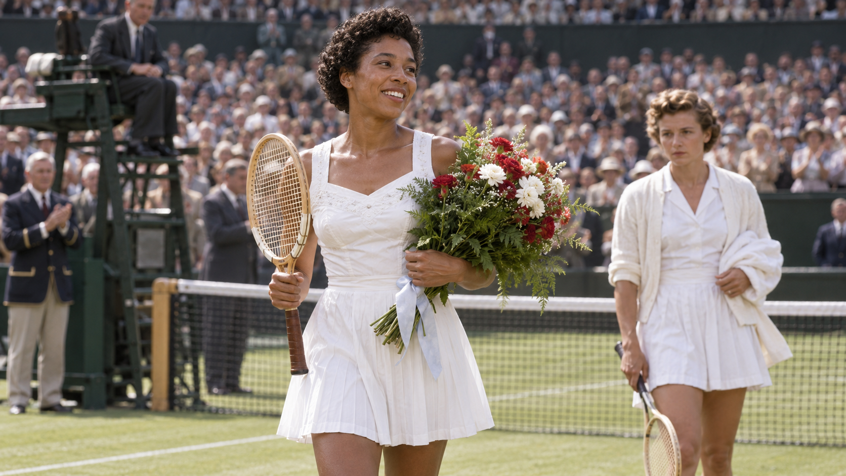 Photorealistic historical reconstruction of Althea Gibson after winning Wimbledon in 1957.