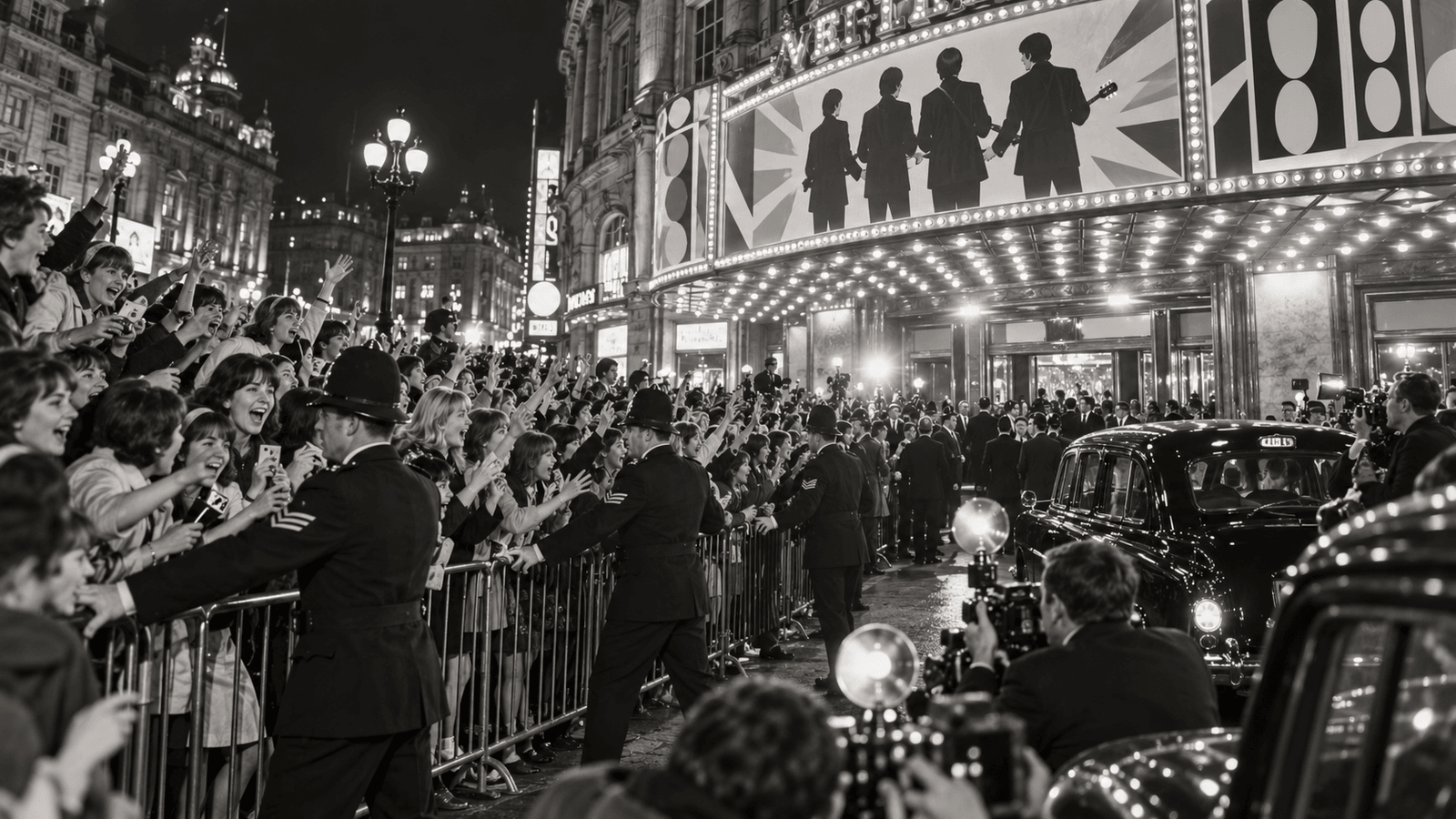 AI reconstruction of cheering fans outside a London cinema premiere in July 1964