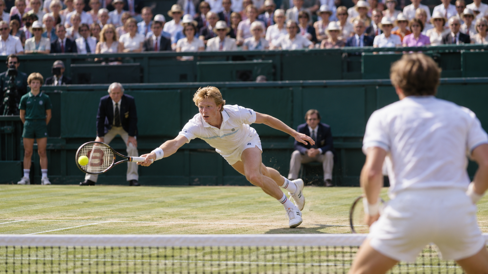 Photorealistic historical reconstruction of Boris Becker in the 1985 Wimbledon final.