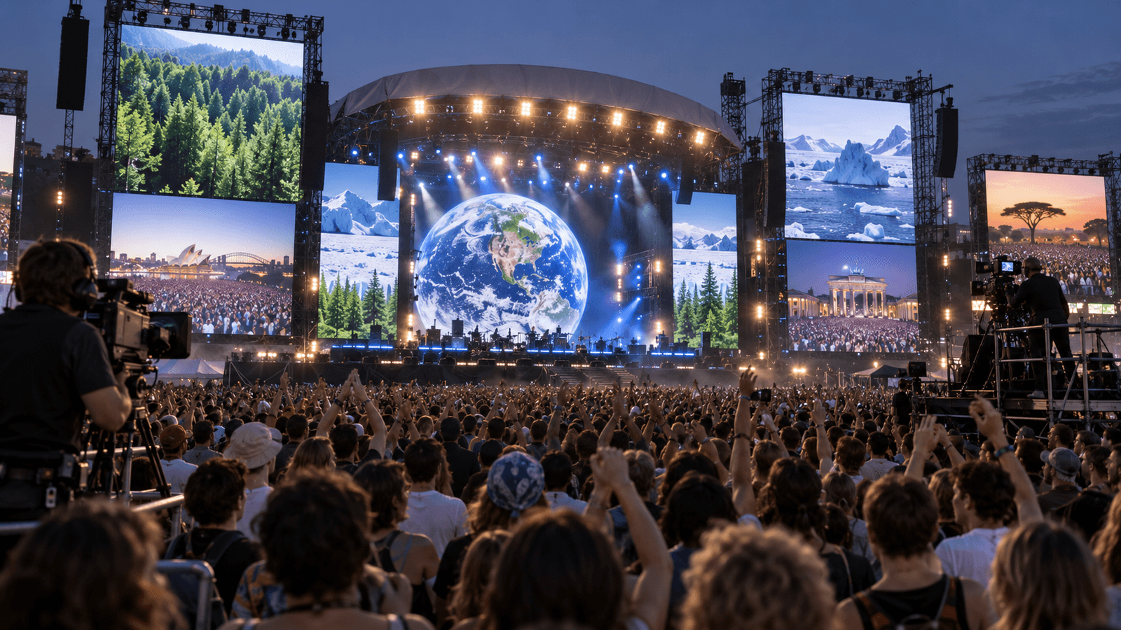 AI reconstruction of a global 2007 concert broadcast calling attention to climate change