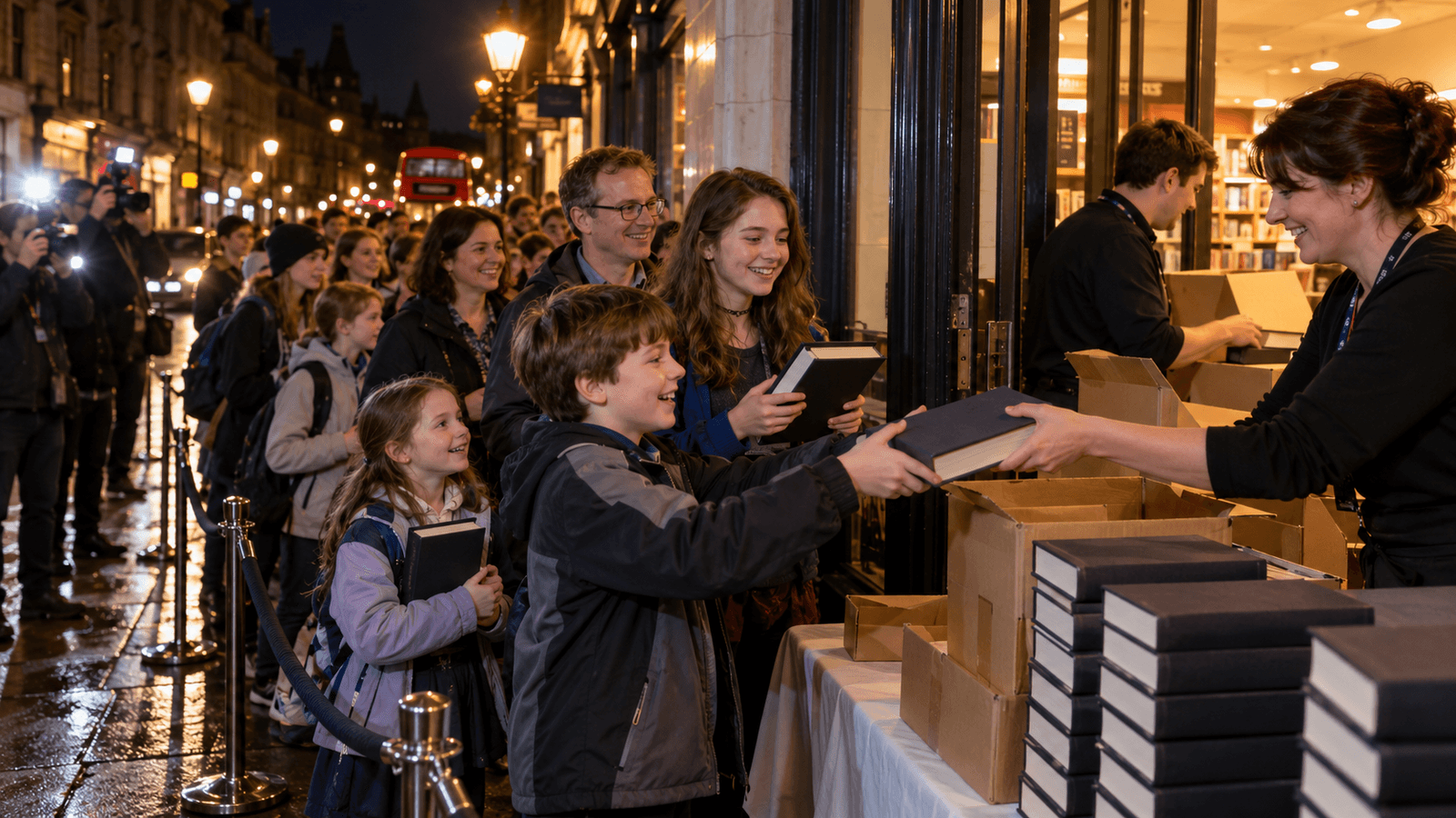 AI reconstruction of readers queuing at midnight for a large fantasy novel in July 2000