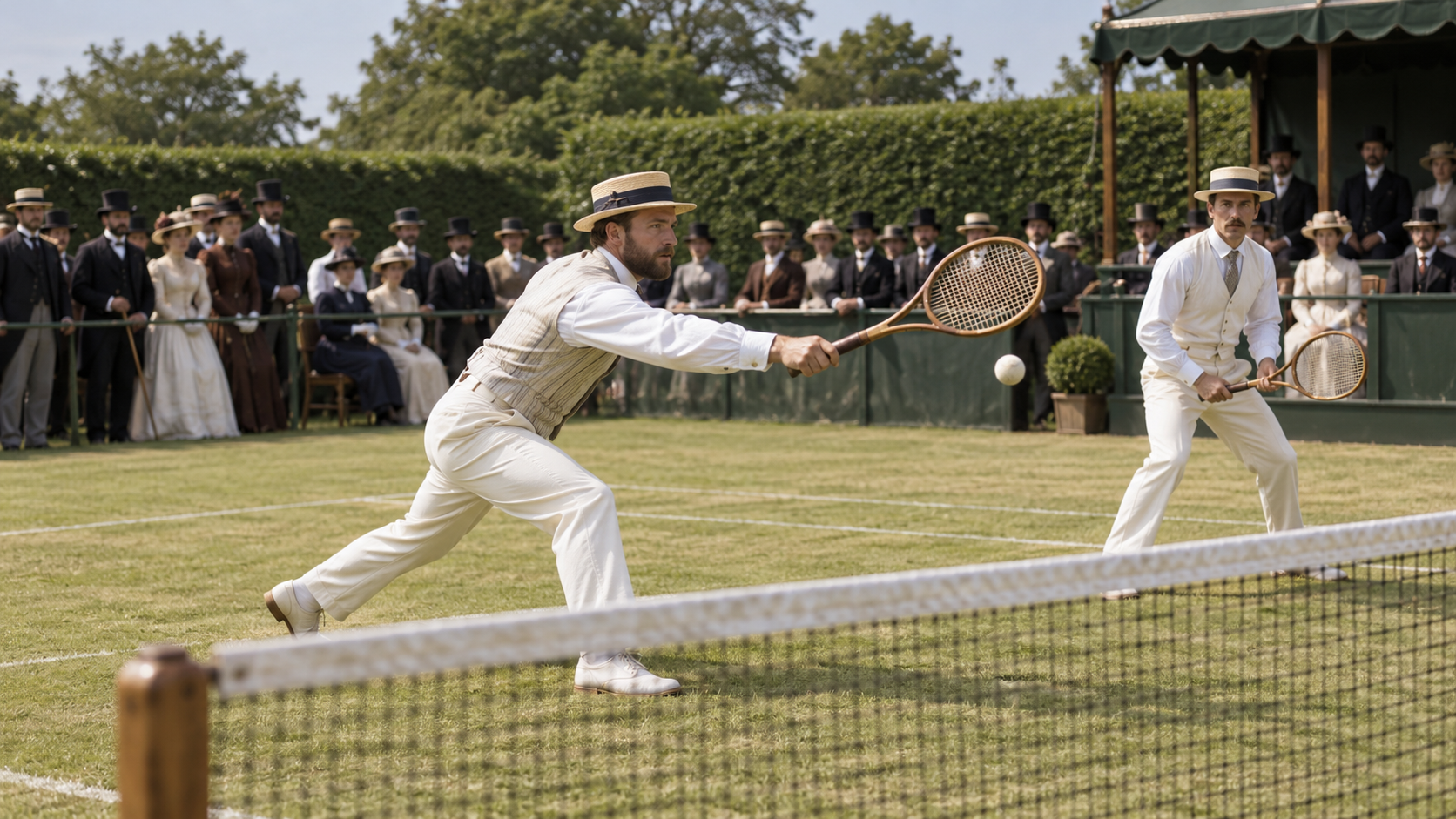 Photorealistic historical reconstruction of competitors at the first Wimbledon tournament in 1877.