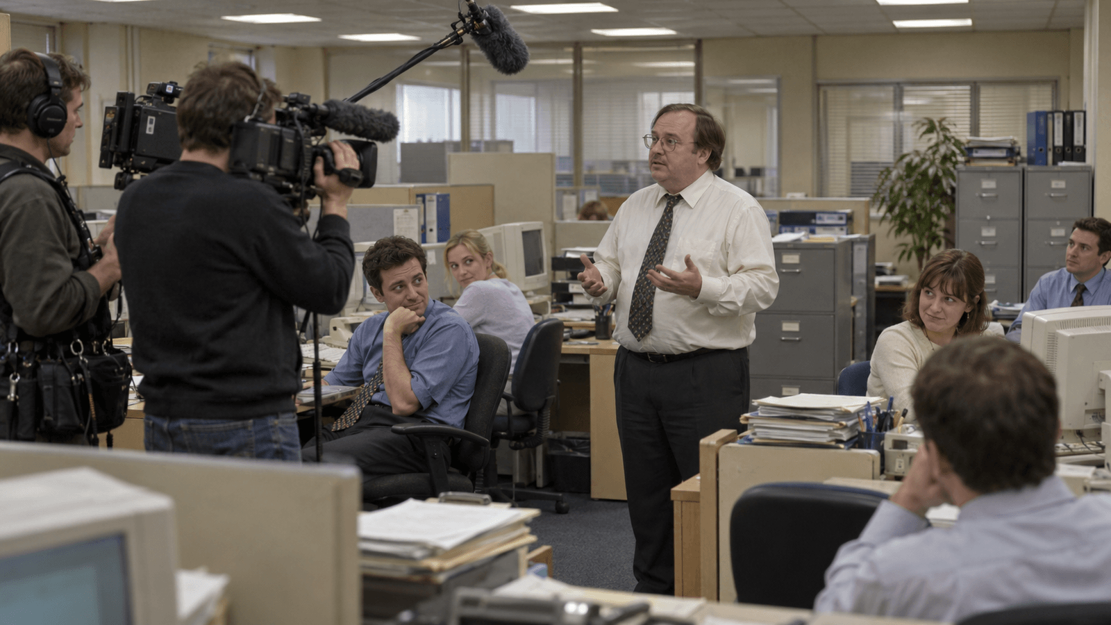 AI reconstruction of a drab 2001 British office being filmed by a small documentary crew
