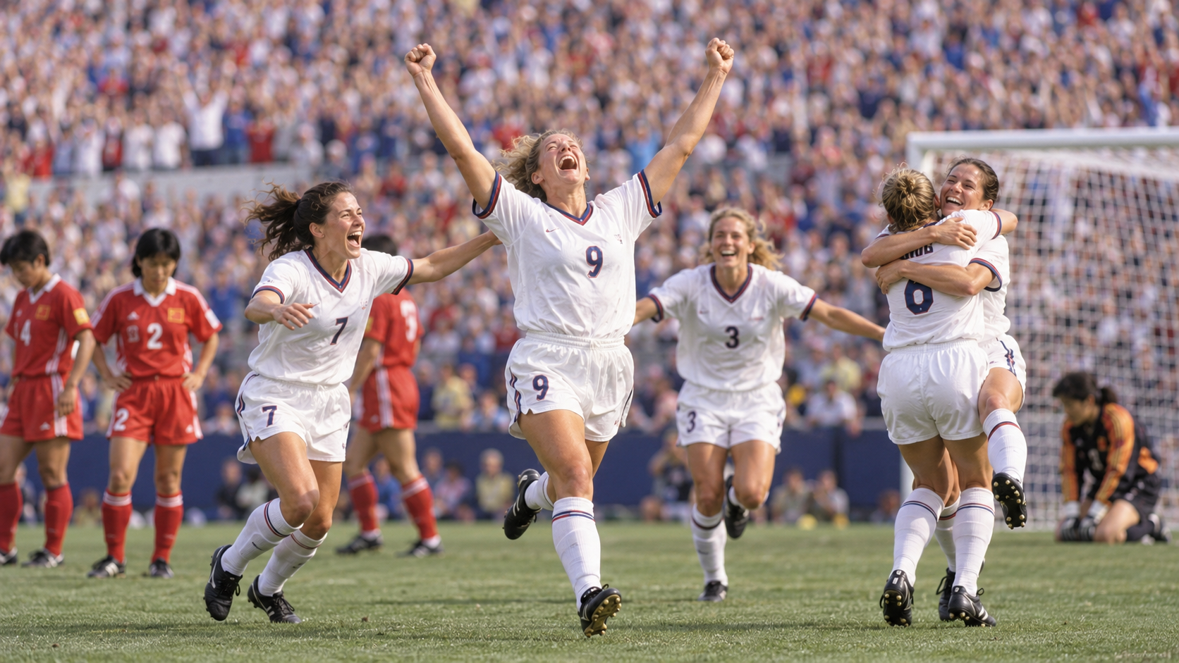 Photorealistic historical reconstruction of the United States celebrating the 1999 Women’s World Cup title.