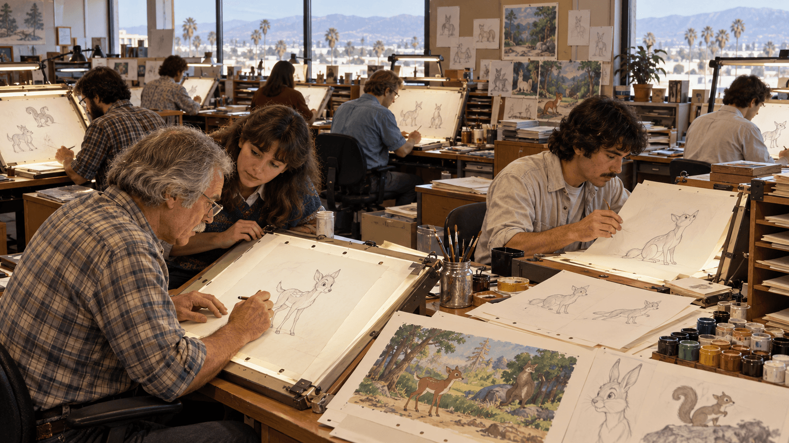 AI reconstruction of veteran and young animators working together in a 1981 animation studio