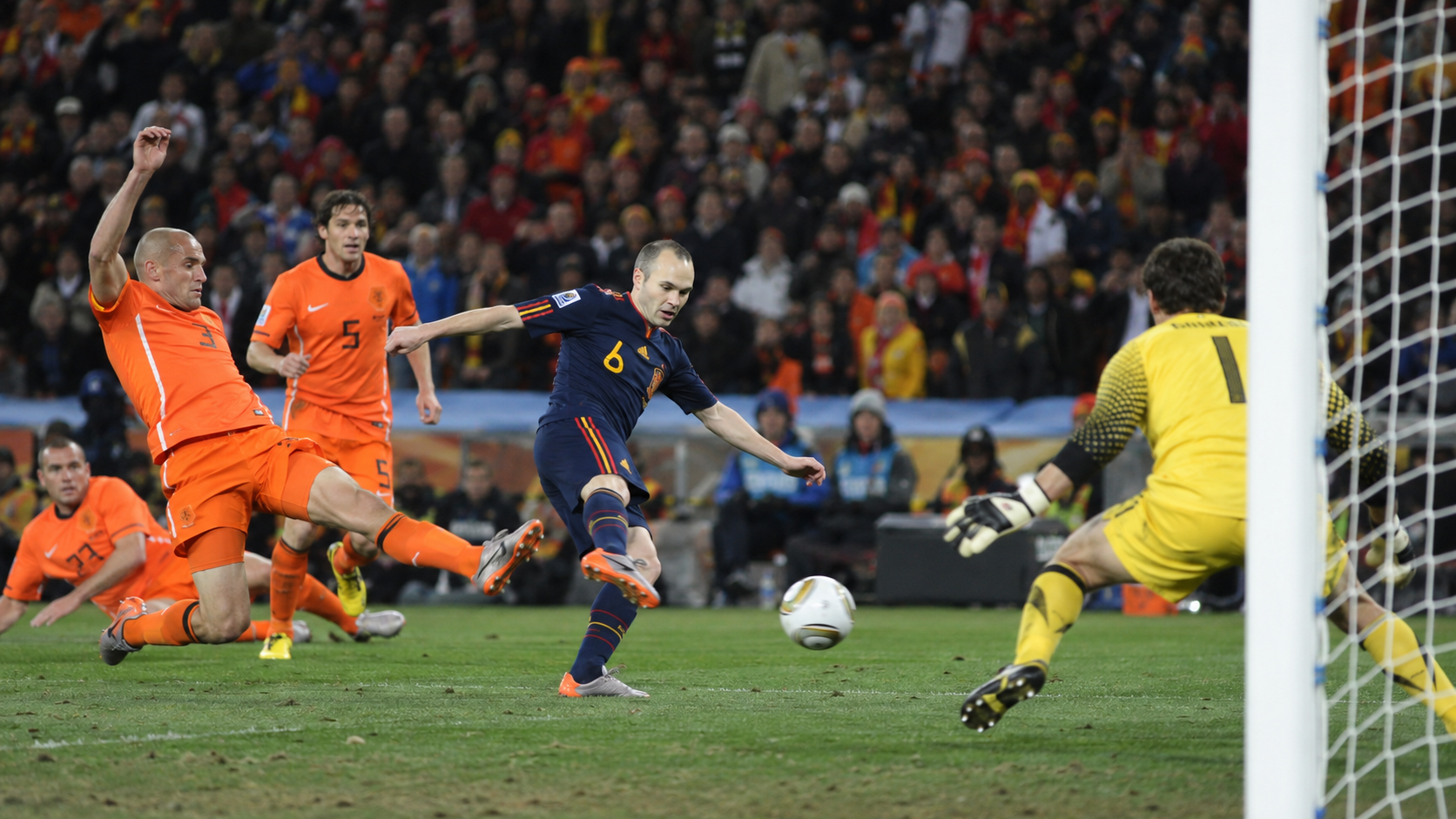 Photorealistic historical reconstruction of Andrés Iniesta scoring in the 2010 World Cup final.