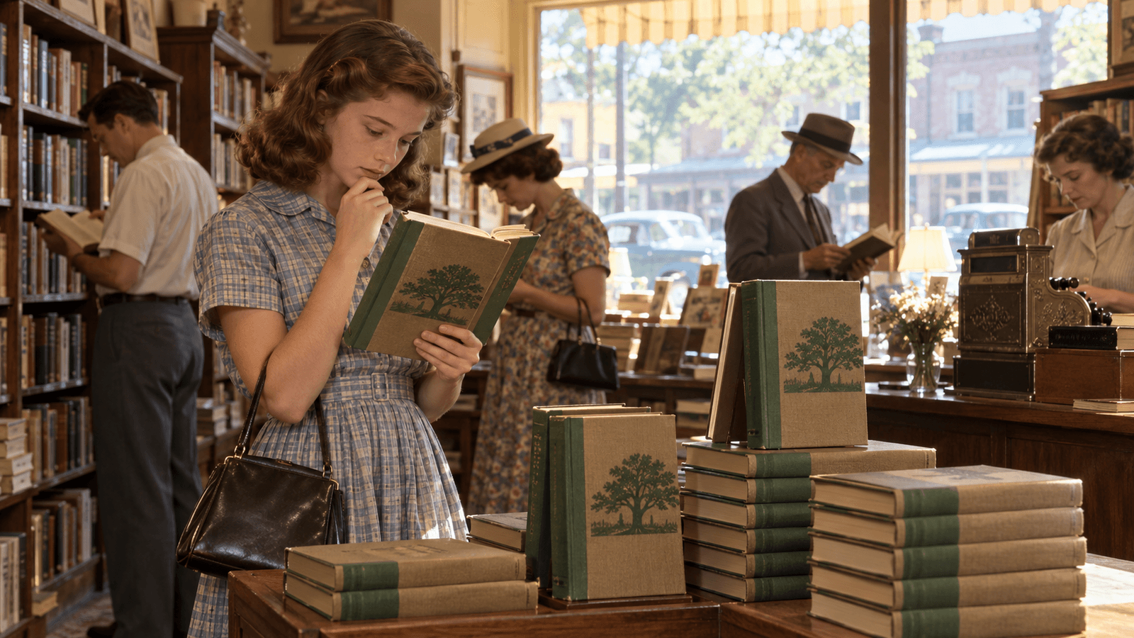 AI reconstruction of readers encountering a new Southern novel in a 1960 American bookstore