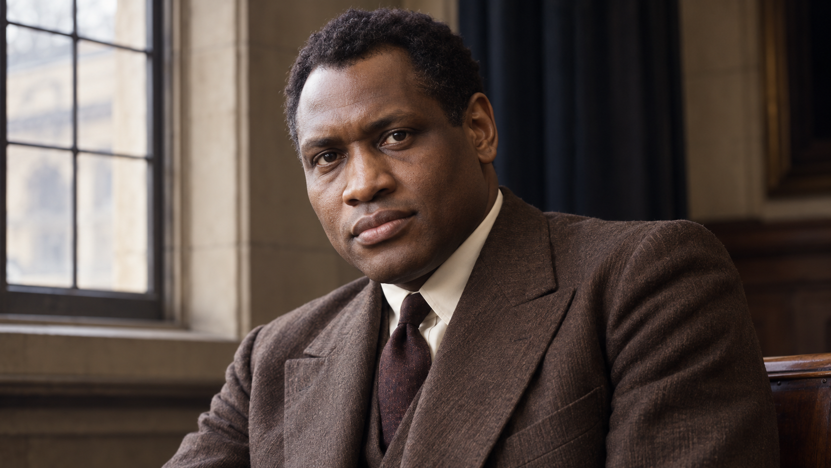 Realistic editorial recreation of Paul Robeson in a London lecture-hall anteroom around 1937.