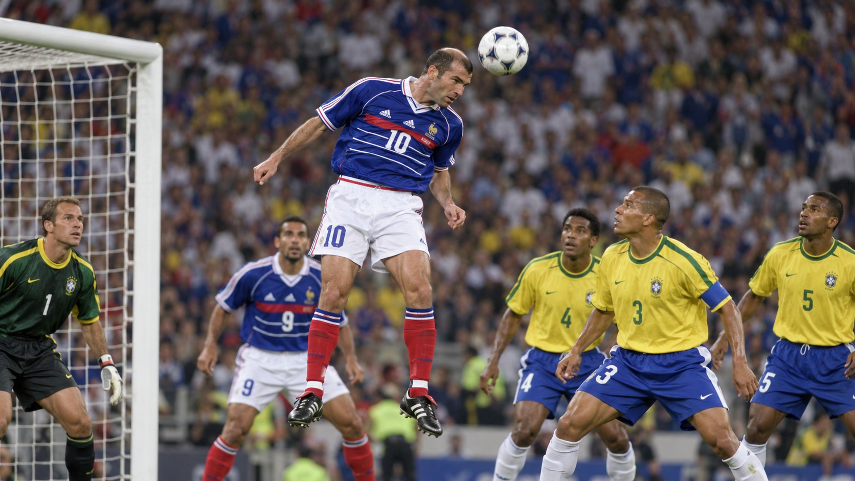 Photorealistic historical reconstruction of Zinedine Zidane scoring in the 1998 World Cup final.