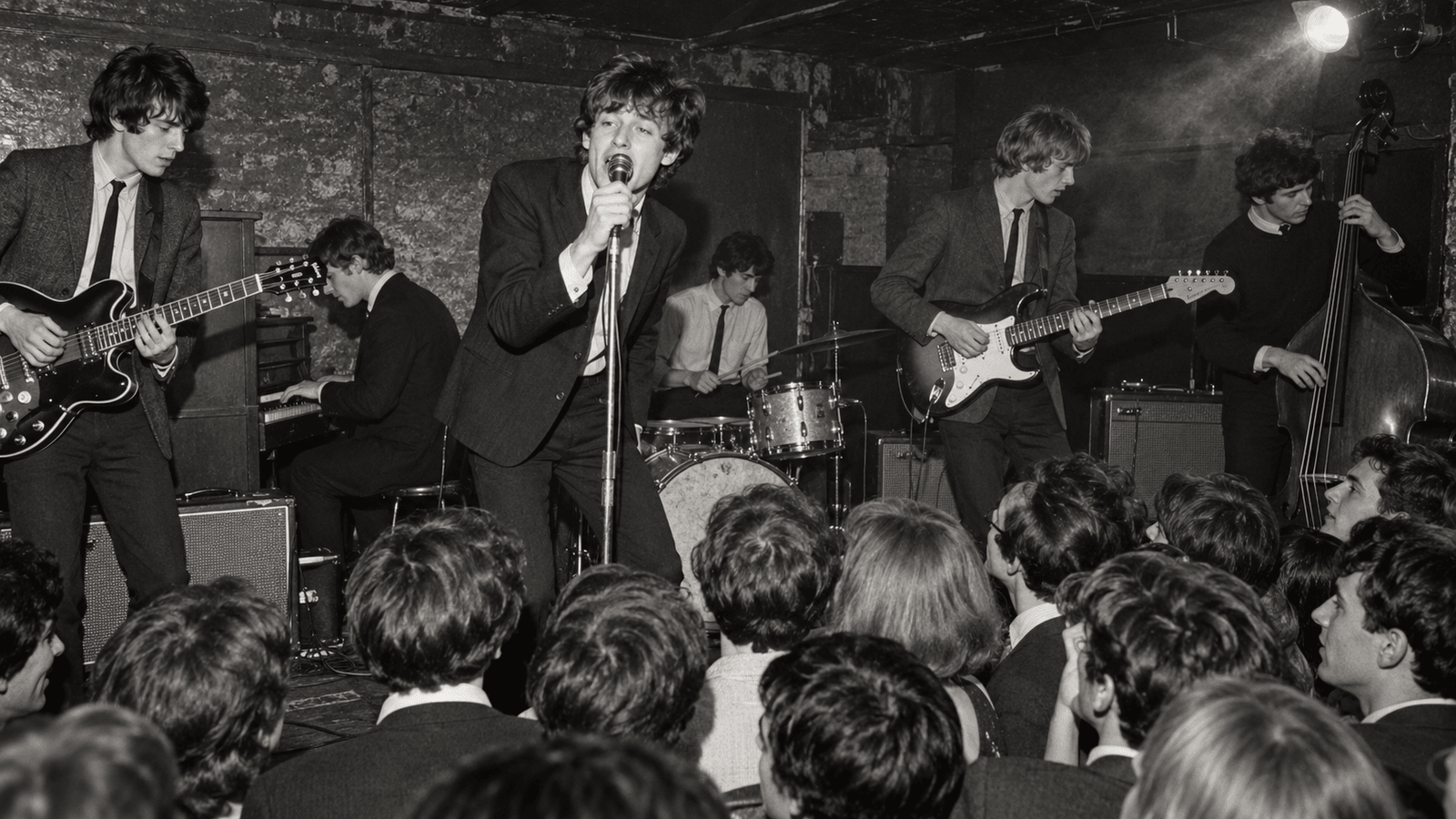 AI reconstruction of a young rhythm-and-blues band performing in a crowded London basement club in 1962