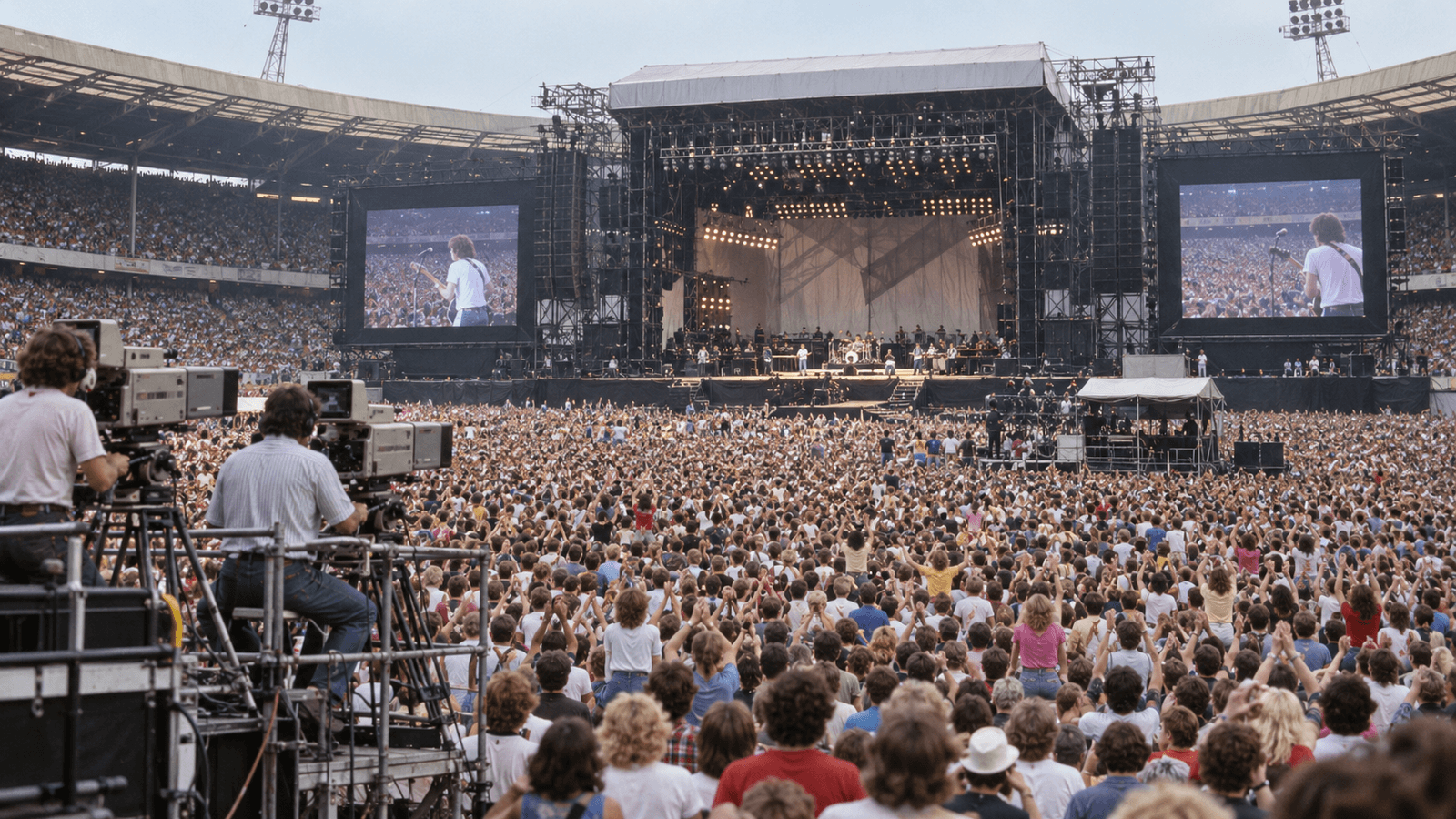 AI reconstruction of a packed 1985 stadium watching a globally broadcast benefit concert