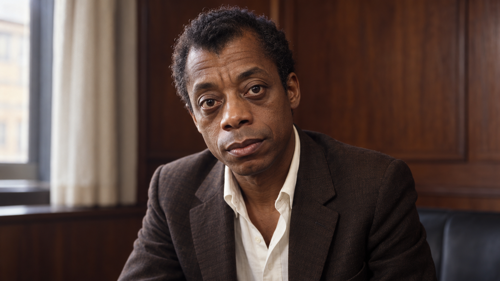 Realistic editorial recreation of James Baldwin in a New York education conference anteroom around 1963.