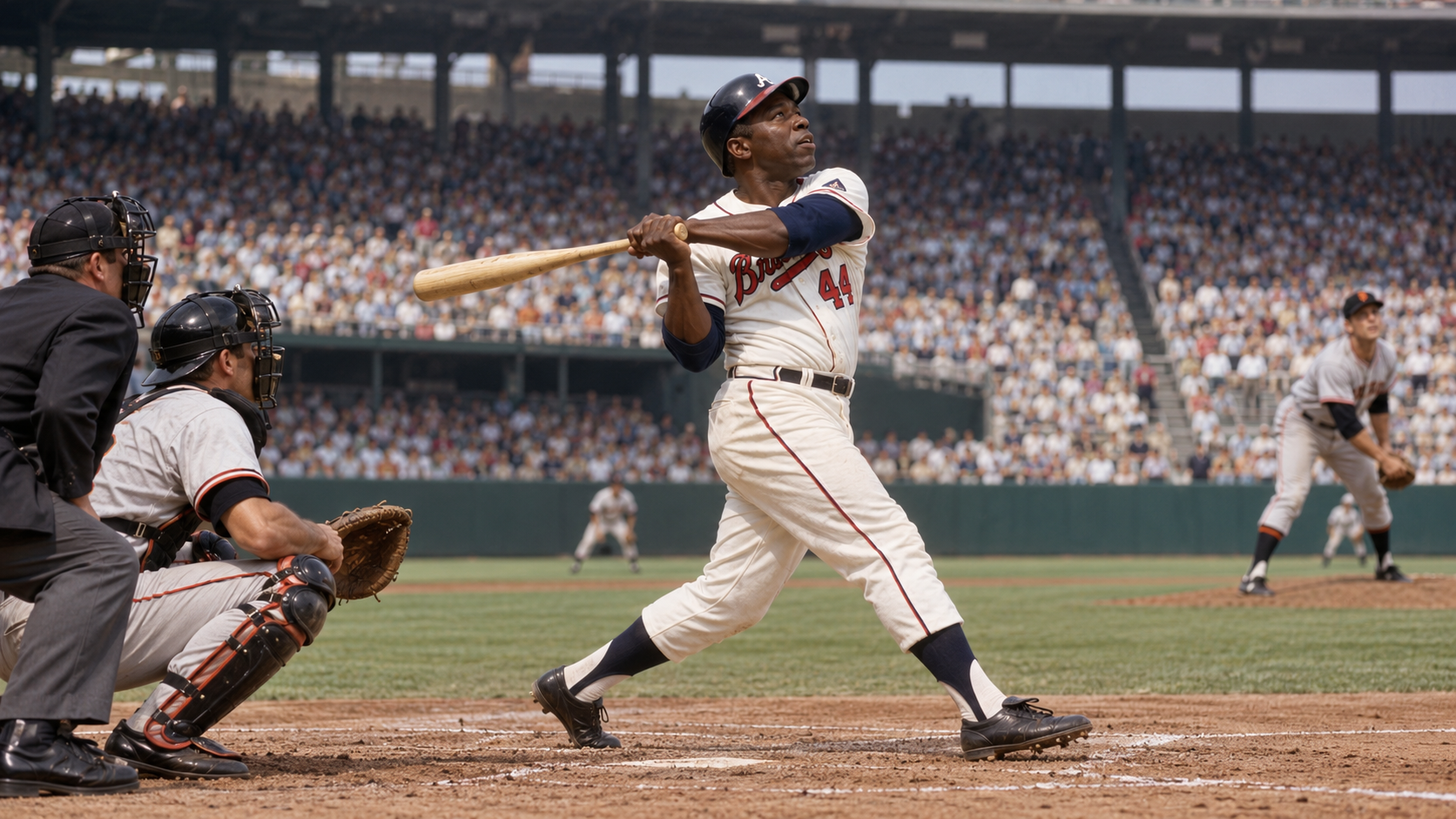 Photorealistic historical reconstruction of Hank Aaron hitting his 500th home run in 1968.