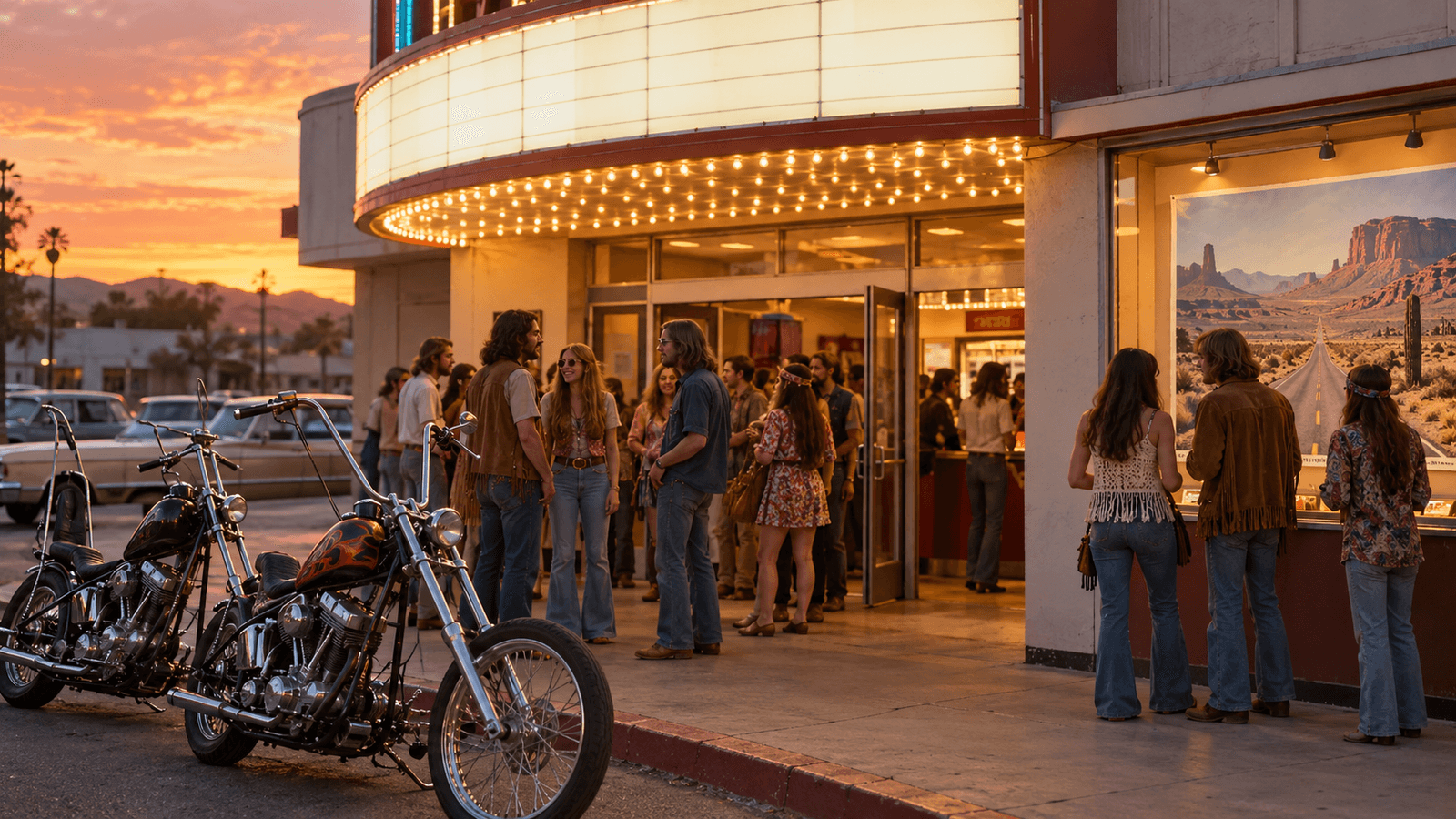 AI reconstruction of moviegoers encountering a counterculture road film in a 1969 cinema