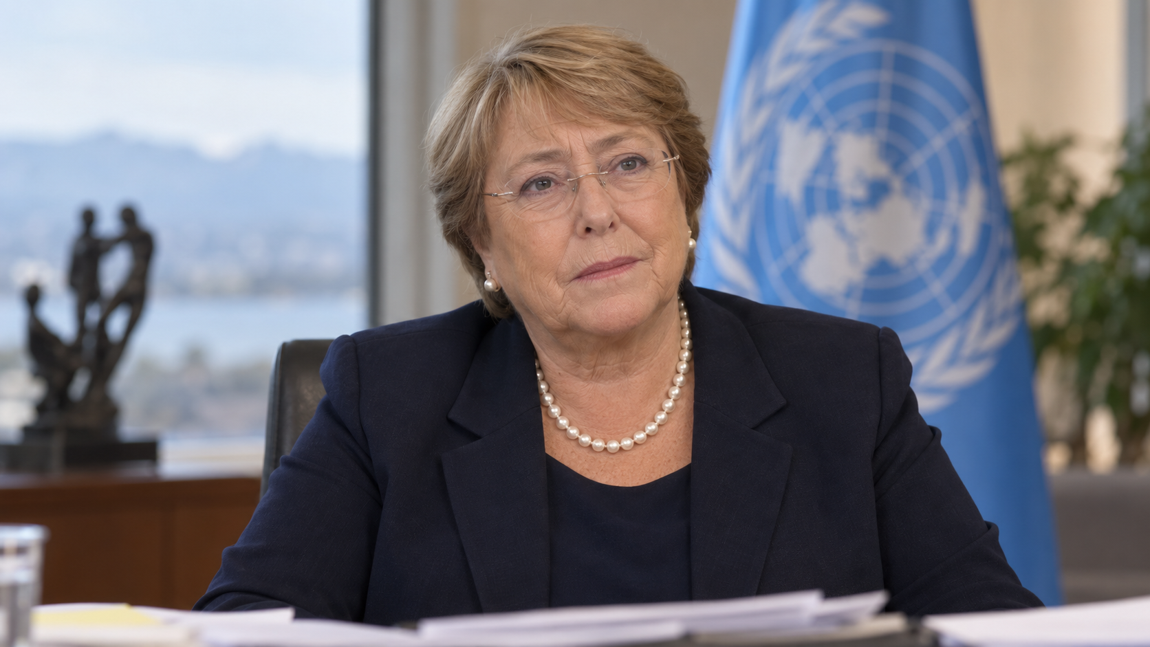 Realistic editorial recreation of Michelle Bachelet in a Geneva human-rights office in 2021.