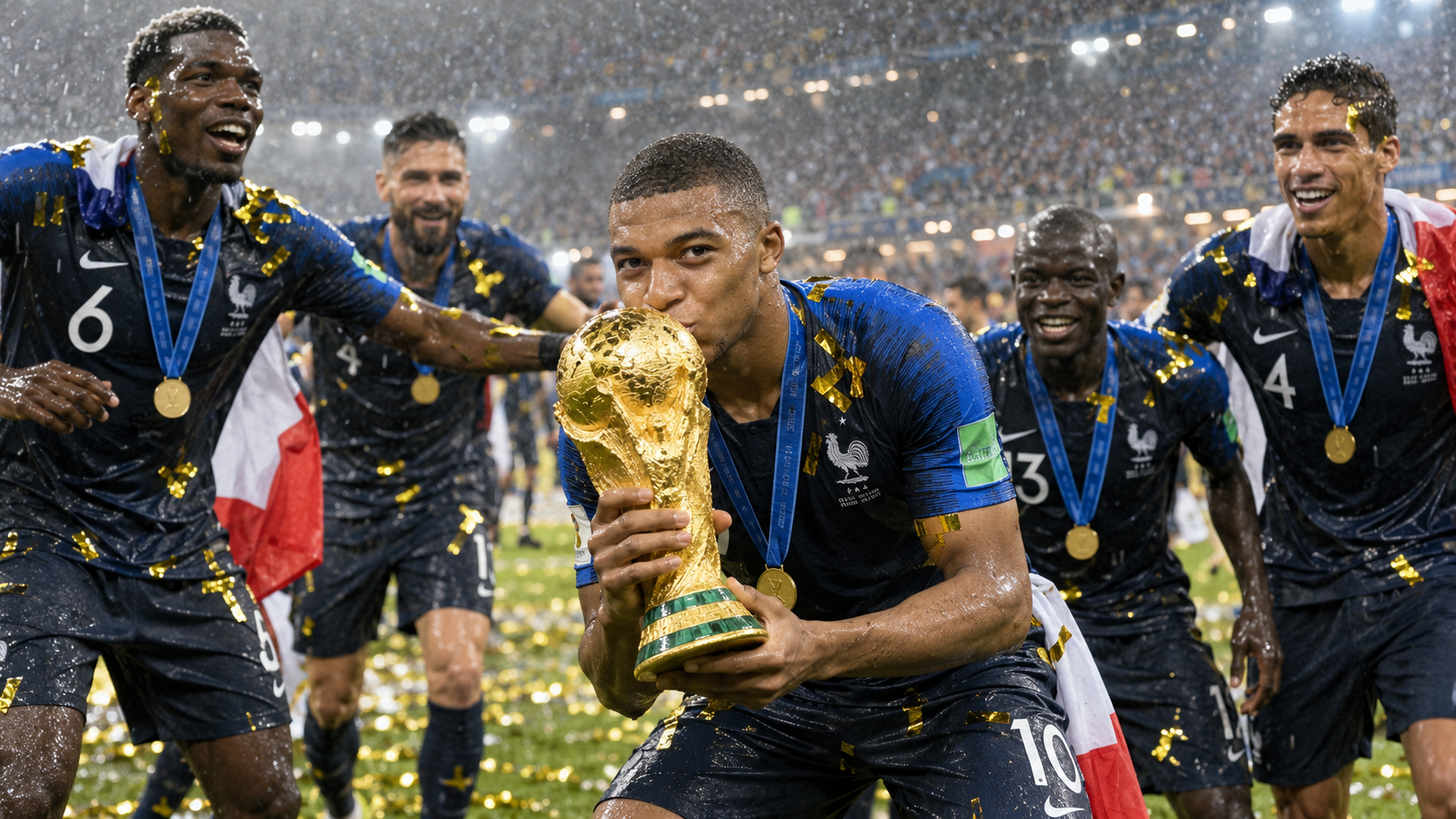 Photorealistic historical reconstruction of France celebrating during the 2018 World Cup final.