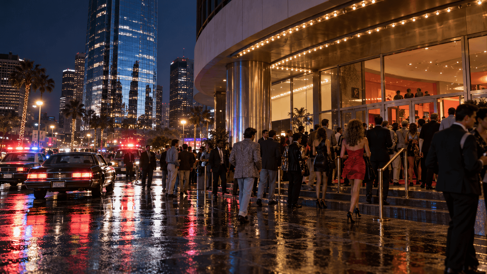 AI reconstruction of a 1988 Los Angeles cinema audience at a high-rise action-thriller opening