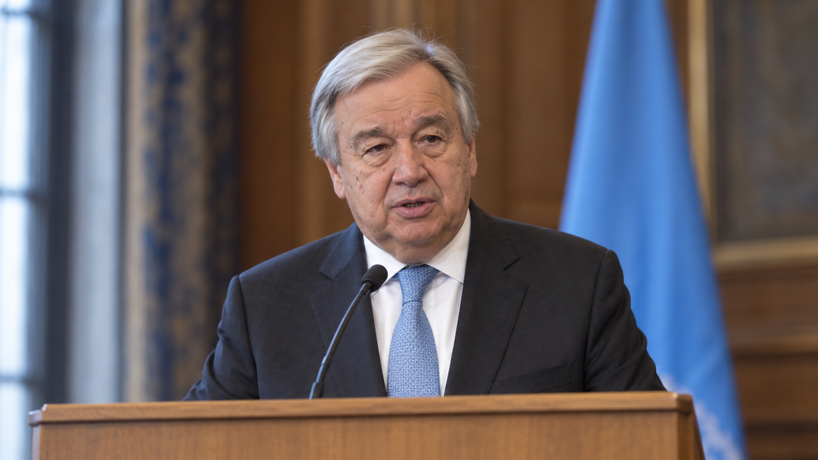 Realistic editorial recreation of António Guterres in a Columbia University lectern in 2020.