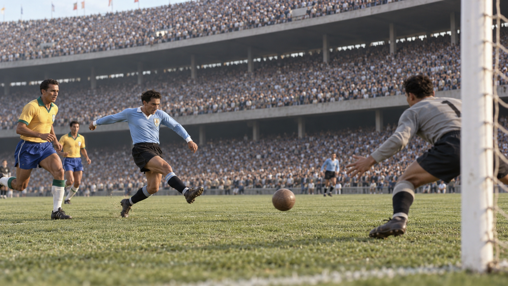 Photorealistic historical reconstruction of Uruguay’s winning goal against Brazil in the 1950 World Cup.