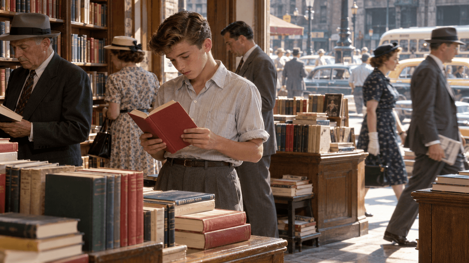 AI reconstruction of a teenager browsing a newly published novel in a 1951 New York bookstore