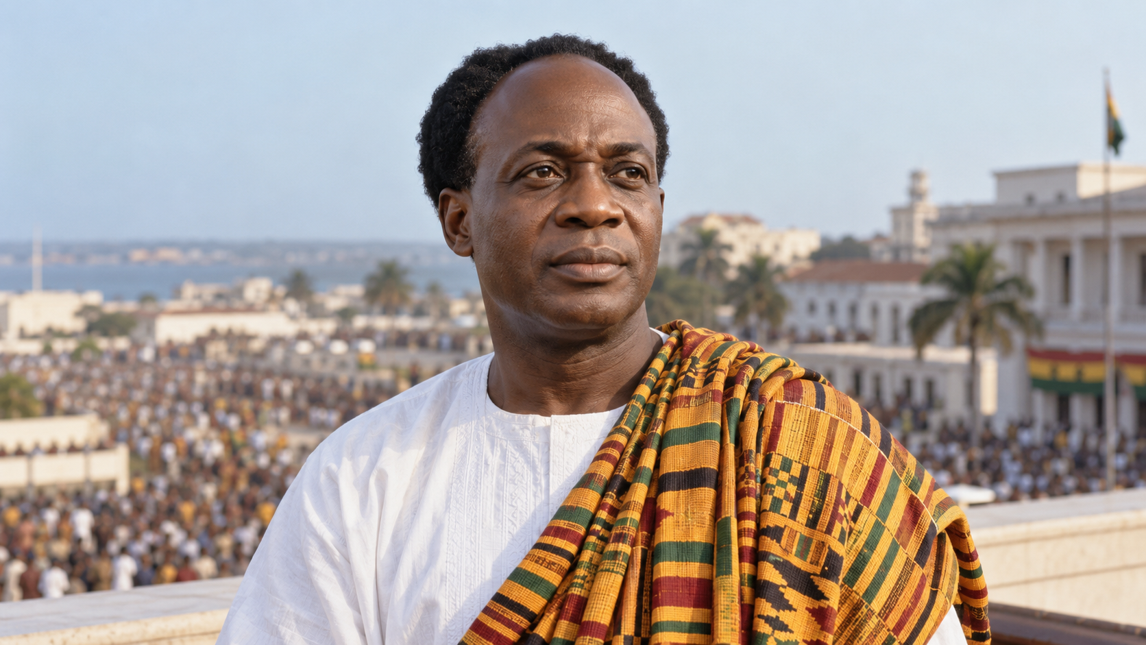 Realistic editorial recreation of Kwame Nkrumah in an Accra civic balcony around Ghana’s independence in 1957.