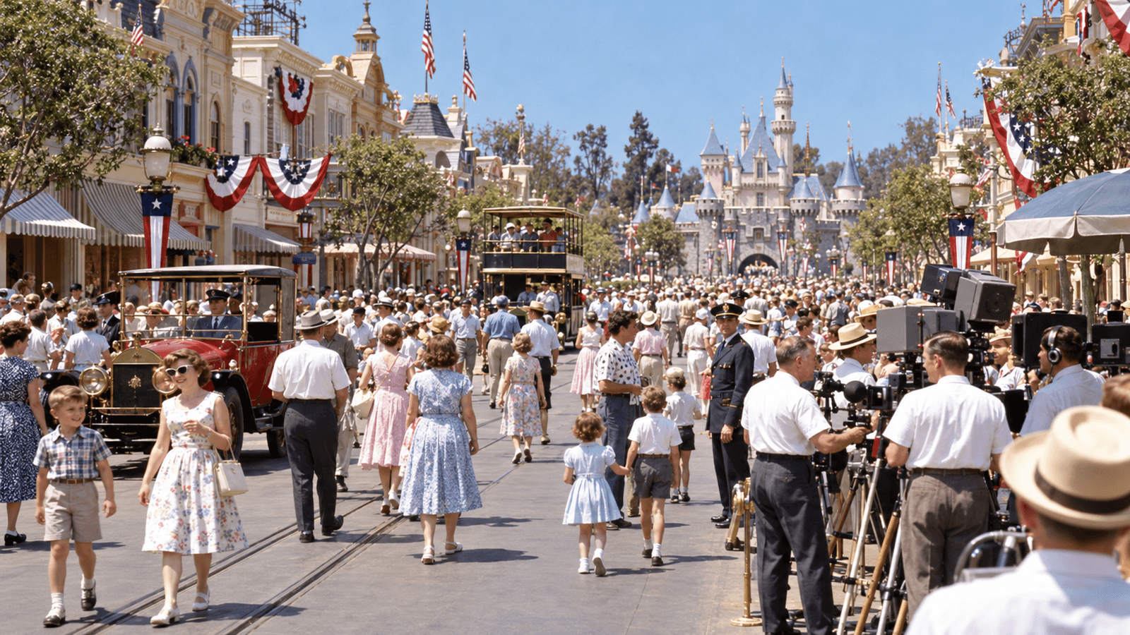 AI reconstruction of families crowding a new California theme park on opening day in 1955