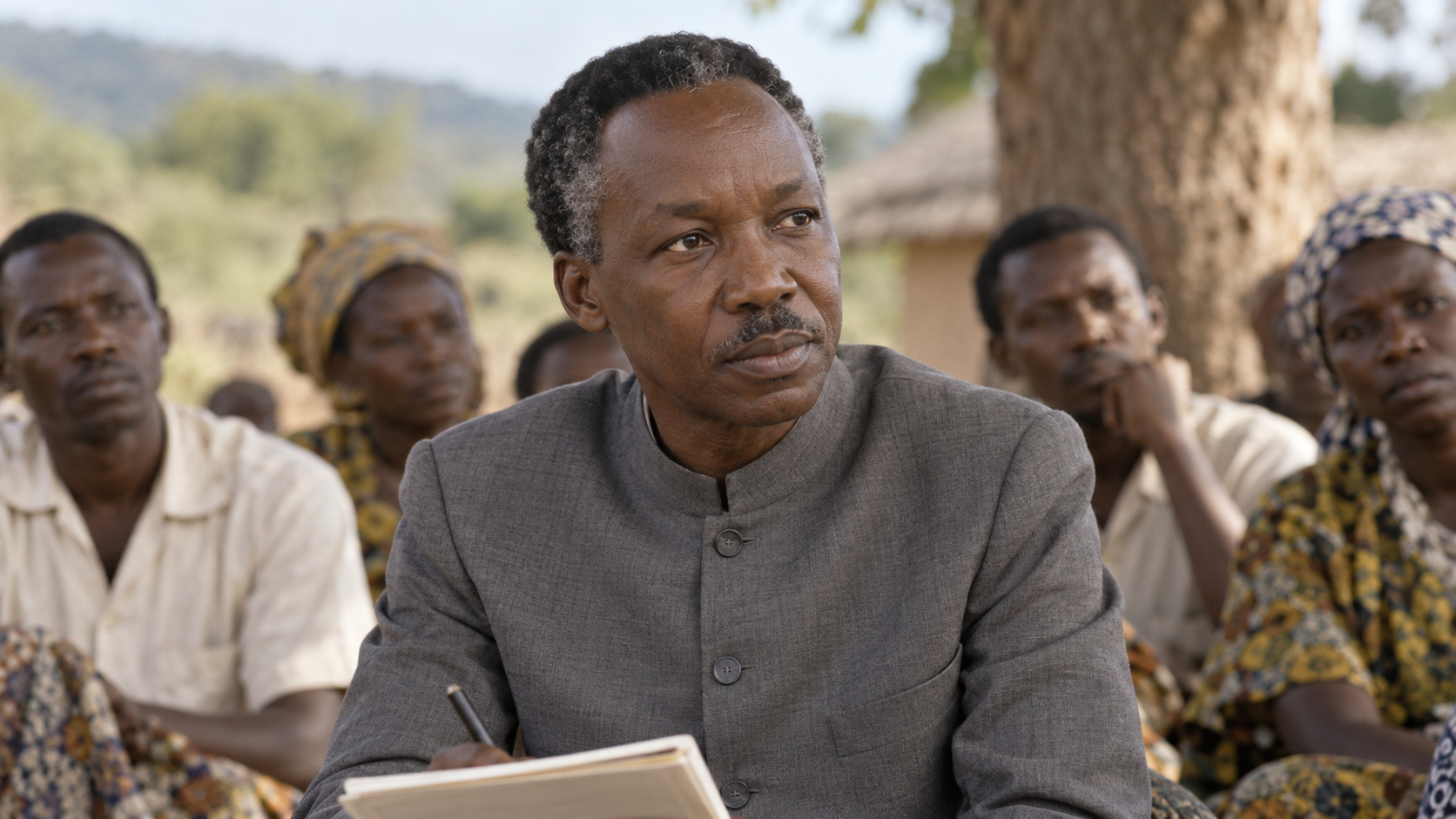 Realistic editorial recreation of Julius Nyerere in a Tanzanian community gathering around 1968.