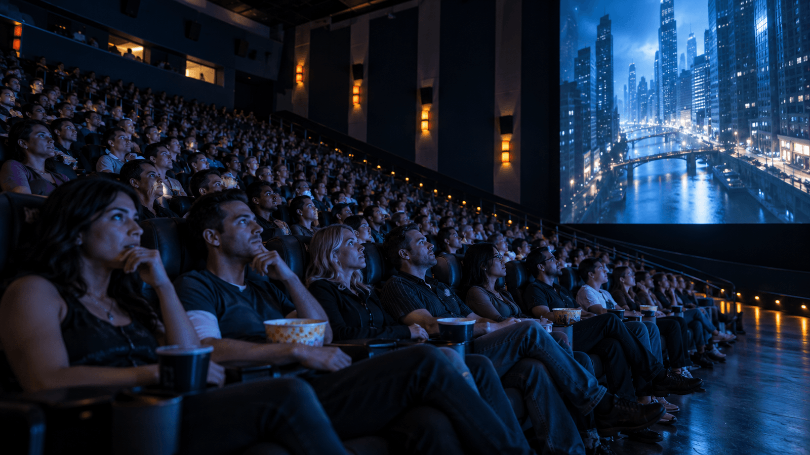 AI reconstruction of a packed 2008 IMAX audience watching a dark urban crime epic