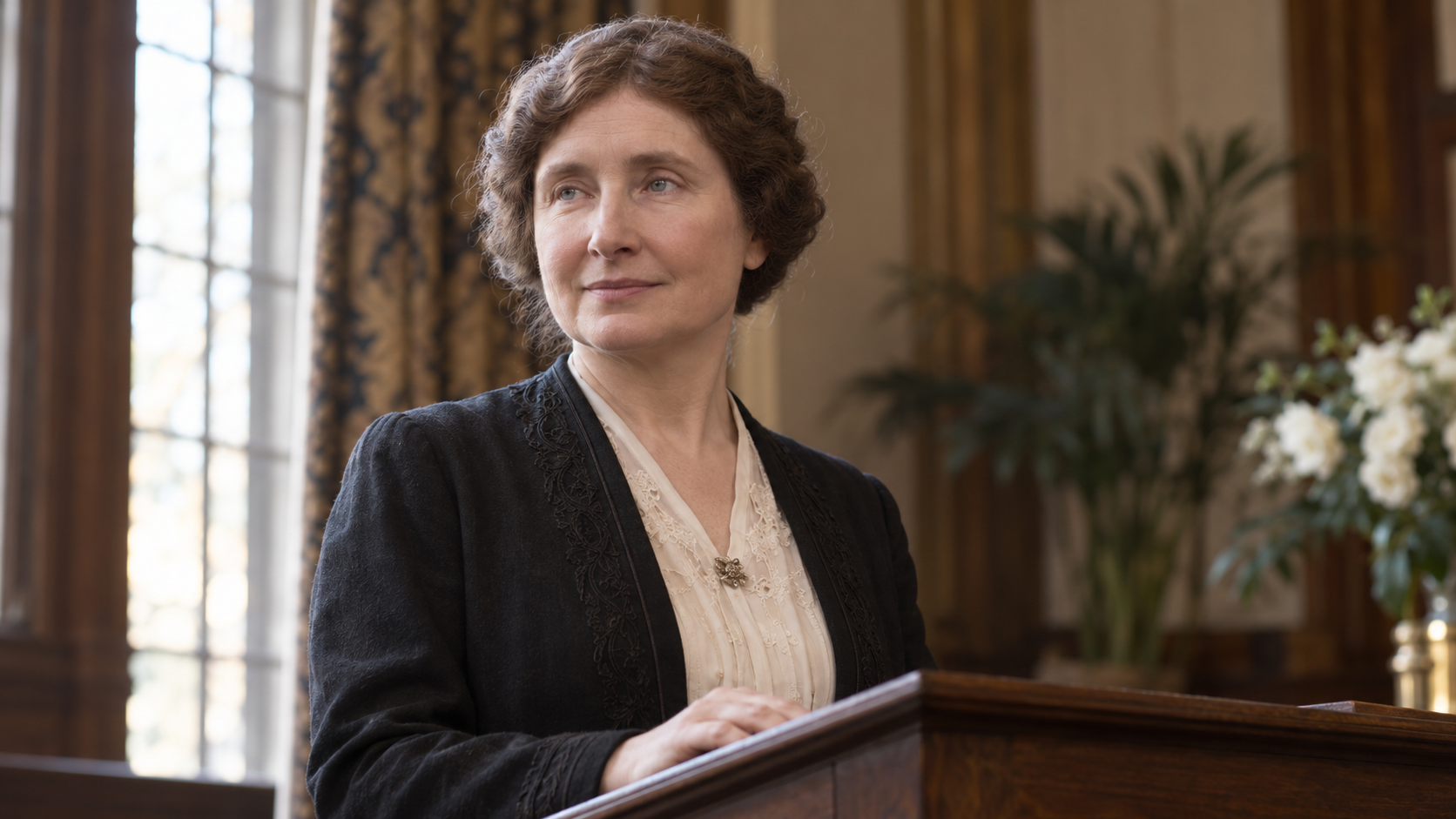 Realistic editorial recreation of Helen Keller in a Cedar Point convention anteroom around 1925.